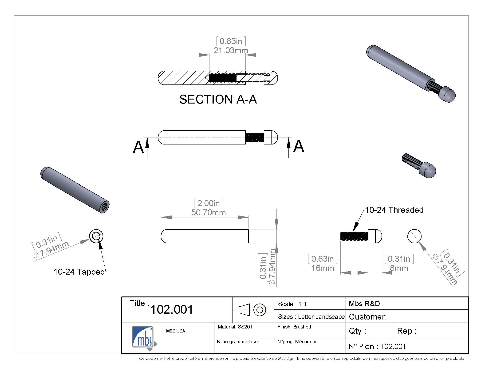 1/4'' Diameter x 2'' Length Conical Desktop Table Standoffs (Stainless