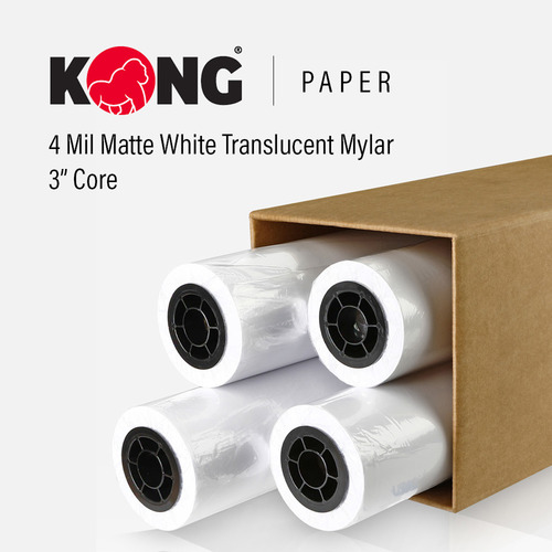 24'' x 120' Roll - 4 Mil Double Sided Matte White Translucent Mylar for Monochrome Printing on One Side for Inkjet Printer on 3'' Core (4 Pack)