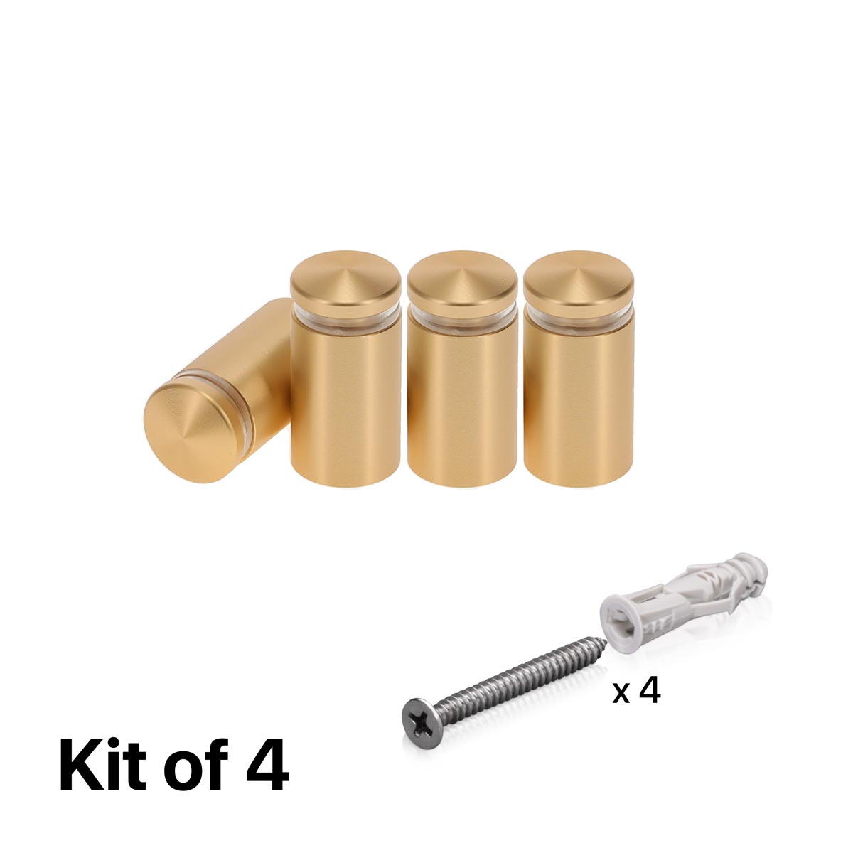 (Set of 4) 5/8'' Diameter X 1'' Barrel Length, Alumi. Rounded Head Standoffs, Matte Champagne Anodized Finish Standoff with (4) 2208Z Screw and (4) LANC1 Anchor for concrete or drywall (For In / Out use) [Required Material Hole Size: 7/16'']