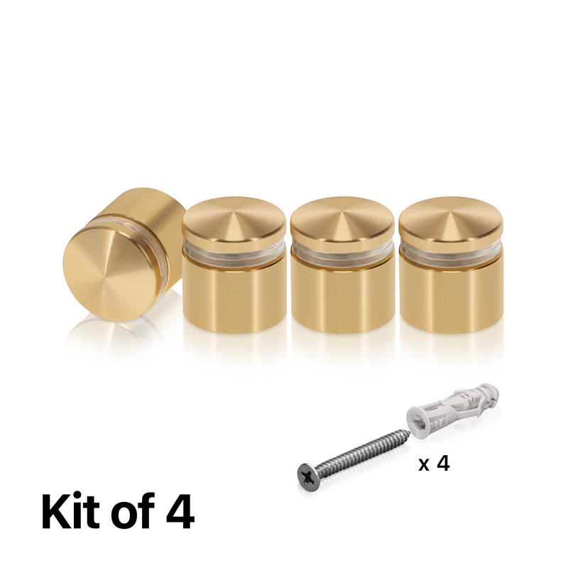 (Set of 4) 3/4'' Diameter X 1/2'' Barrel Length, Aluminum Rounded Head Standoffs, Champagne Anodized Finish Standoff with (4) 2216Z Screws and (4) LANC1 Anchors for concrete or drywall (For Inside / Outside use) [Required Material Hole Size: 7/16'']