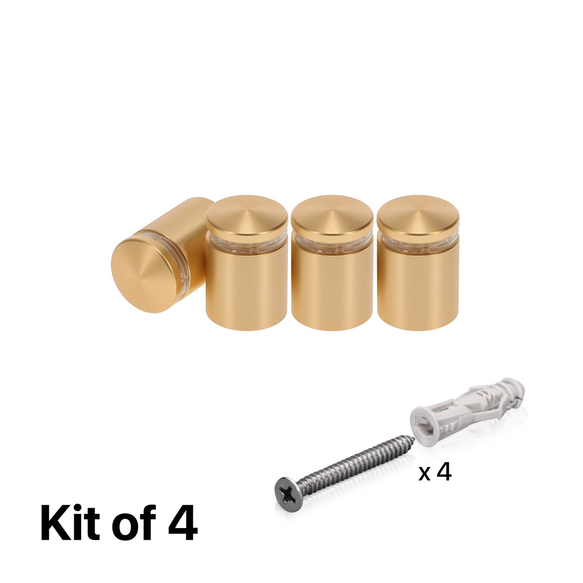 (Set of 4) 3/4'' Diameter X 3/4'' Barrel Length, Alumi. Rounded Head Standoffs, Matte Champagne Anodized Finish Standoff with (4) 2216Z Screws and (4) LANC1 Anchors for concrete or drywall (For In / Out use) [Required Material Hole Size: 7/16'']