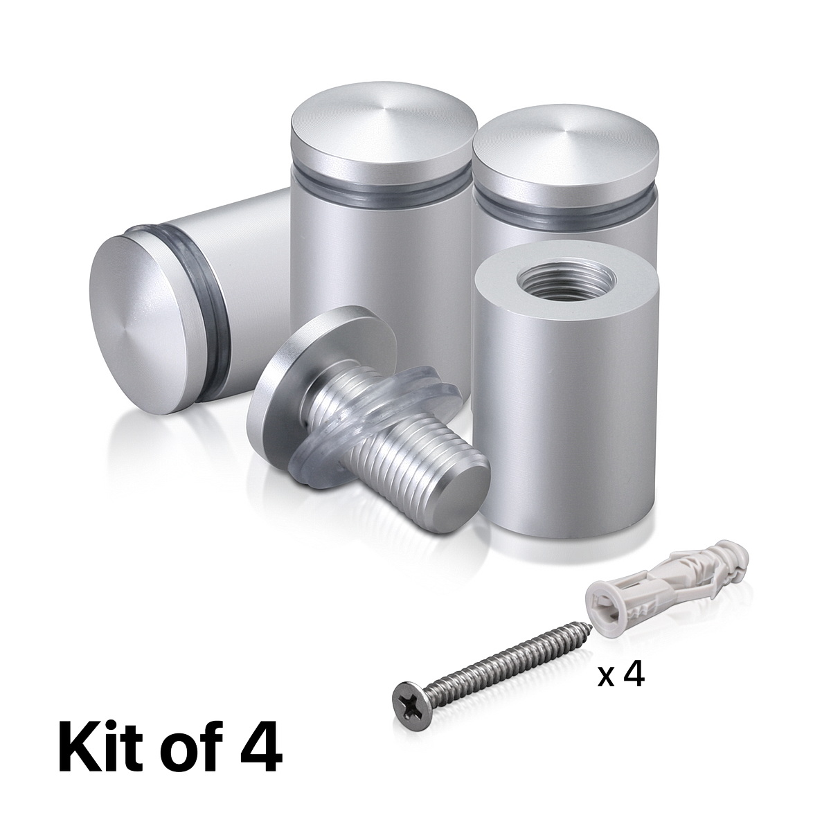 (Set of 4) 3/4'' Diameter X 1'' Barrel Length, Aluminum Rounded Head Standoffs, Clear Anodized Finish Standoff with (4) 2216Z Screws and (4) LANC1 Anchors for concrete or drywall (For Inside / Outside use) [Required Material Hole Size: 7/16'']