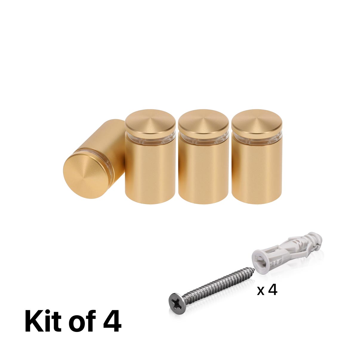 (Set of 4) 3/4'' Diameter X 1'' Barrel Length, Alumi. Rounded Head Standoffs, Matte Champagne Anodized Finish Standoff with (4) 2216Z Screws and (4) LANC1 Anchors for concrete or drywall (For In / Out use) [Required Material Hole Size: 7/16'']
