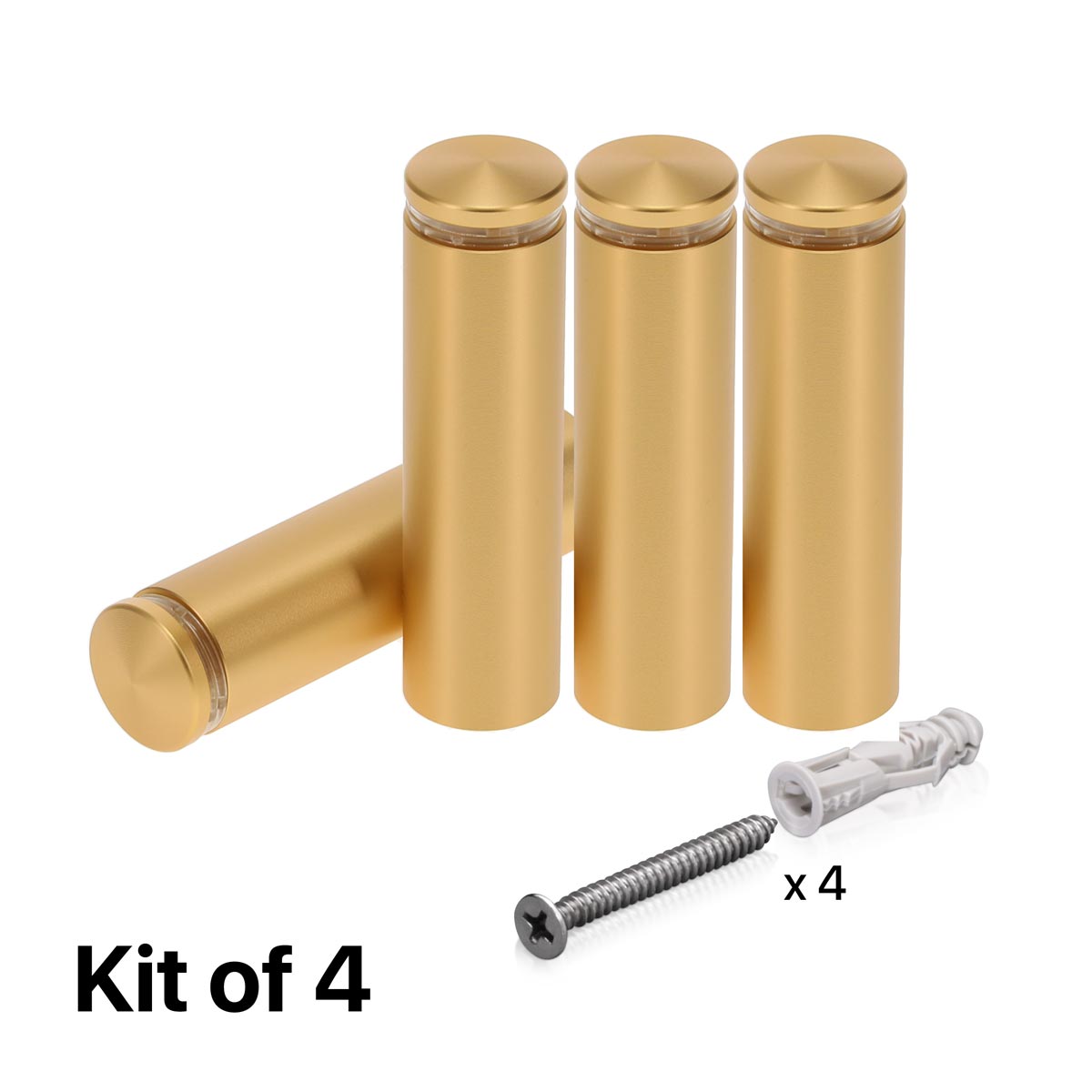 (Set of 4) 3/4'' Diameter X 2-1/2'' Barrel Length, Alumi. Rounded Head Standoffs, Matte Champagne Anodized Finish Standoff with (4) 2216Z Screws and (4) LANC1 Anchors for concrete or drywall (For In / Out use) [Required Material Hole Size: 7/16'']