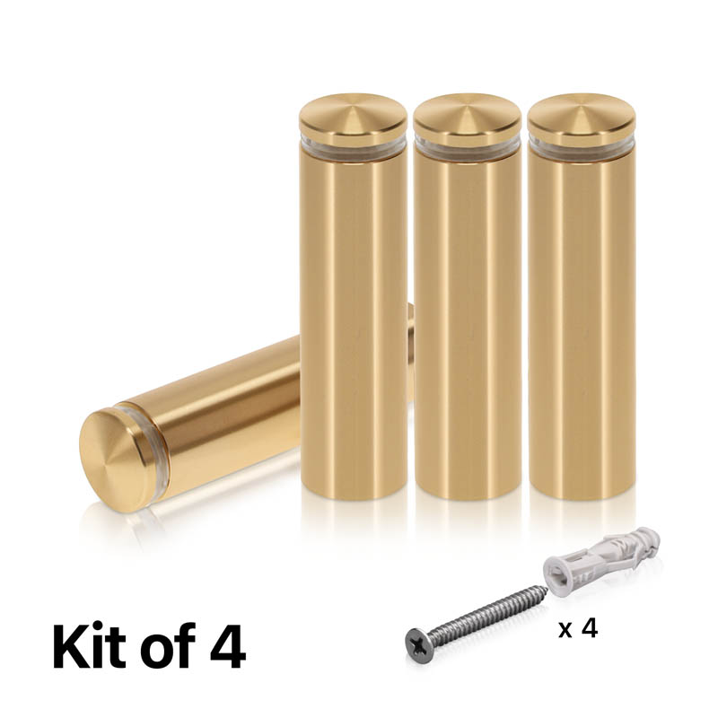 (Set of 4) 3/4'' Diameter X 2-1/2'' Barrel Length, Aluminum Rounded Head Standoffs, Champagne Anodized Finish Standoff with (4) 2216Z Screws and (4) LANC1 Anchors for concrete or drywall (For Inside / Outside use) [Required Material Hole Size: 7/16'']
