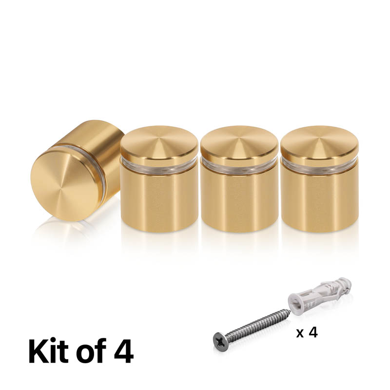 (Set of 4) 1'' Diameter X 3/4'' Barrel Length, Aluminum Rounded Head Standoffs, Champagne Anodized Finish Standoff with (4) 2216Z Screws and (4) LANC1 Anchors for concrete or drywall (For Inside / Outside use) [Required Material Hole Size: 7/16'']