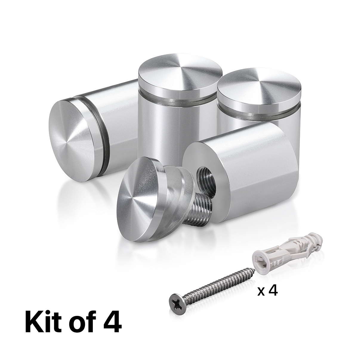 (Set of 4) 1'' Diameter X 1'' Barrel Length, Aluminum Rounded Head Standoffs, Shiny Anodized Finish Standoff with (4) 2216Z Screws and (4) LANC1 Anchors for concrete or drywall (For Inside / Outside use) [Required Material Hole Size: 7/16'']