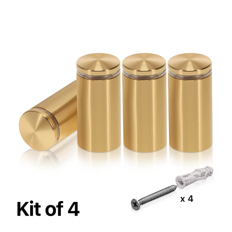 (Set of 4) 1'' Diameter X 1-3/4 Barrel Length, Aluminum Rounded Head Standoffs, Champagne Anodized Finish Standoff with (4) 2216Z Screws and (4) LANC1 Anchors for concrete or drywall (For Inside / Outside use) [Required Material Hole Size: 7/16'']