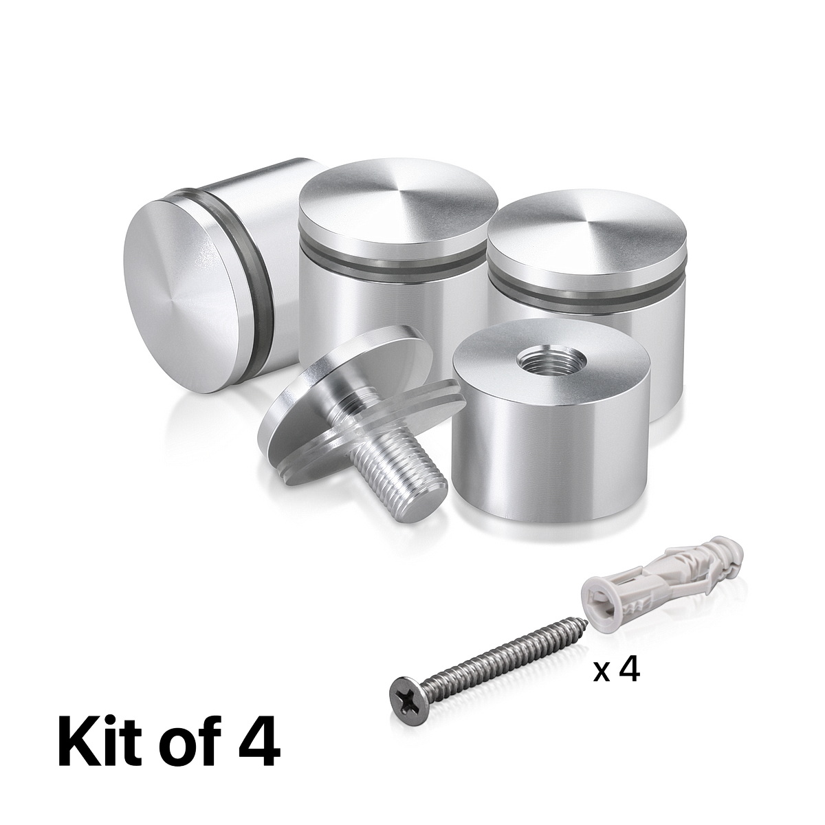 (Set of 4) 1-1/4'' Diameter X 3/4'' Barrel Length, Aluminum Rounded Head Standoffs, Shiny Anodized Finish Standoff with (4) 2216Z Screws and (4) LANC1 Anchors for concrete or drywall (For Inside / Outside use) [Required Material Hole Size: 7/16'']