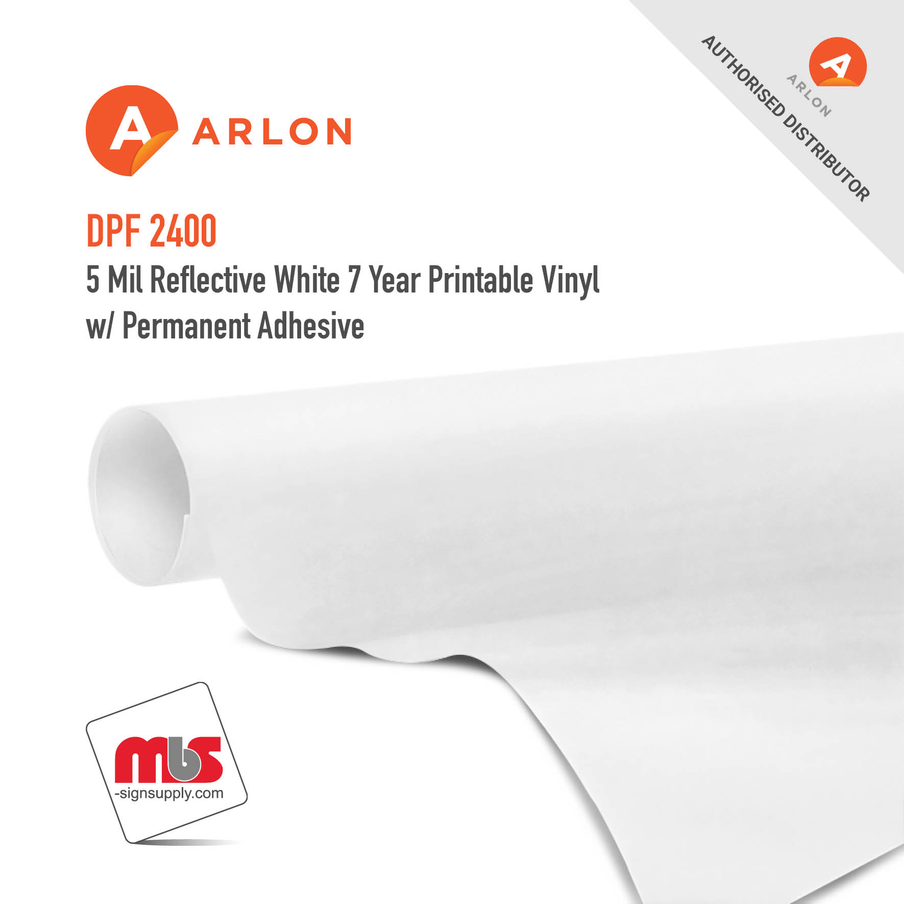 48'' x 50 Yard Roll - Arlon DPF 2400 5 Mil Reflective White 7 Year Printable Vinyl w/ Permanent Adhesive