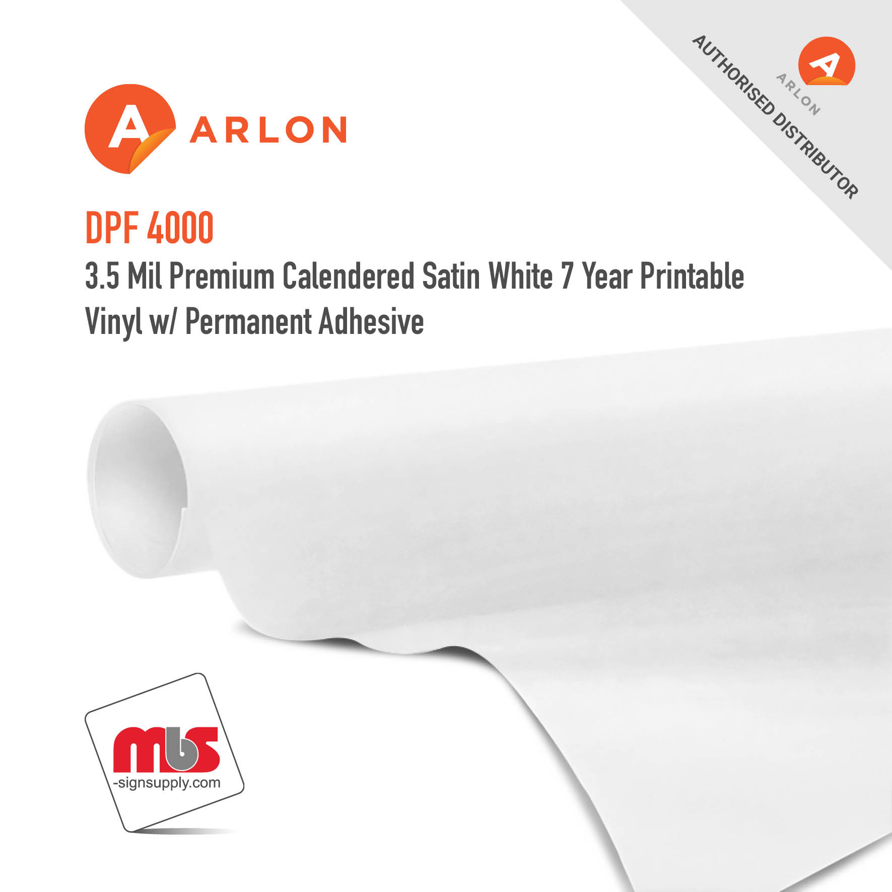 49'' x 50 Yard Roll - Arlon DPF 4000 3.5 Mil Premium Calendered Satin White 7 Year Printable Vinyl w/ Permanent Adhesive