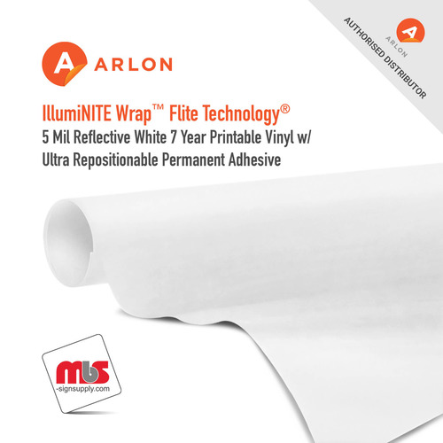 48'' x 10 Yard Roll - Arlon IllumiNITE Wrap™ Flite Technology® 5 Mil Reflective White 7 Year Printable Vinyl w/ Ultra Repositionable Permanent Adhesive