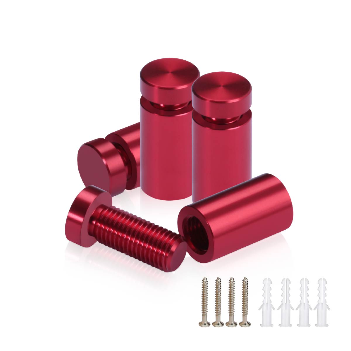 (Set of 4) 1/2'' Diameter X 3/4'' Barrel Length, Affordable Aluminum Standoffs, Cherry Red Anodized Finish Standoff and (4) 2208Z Screw and (4) LANC1 Anchor for concrete/drywall (For Inside/Outside) [Required Material Hole Size: 3/8'']