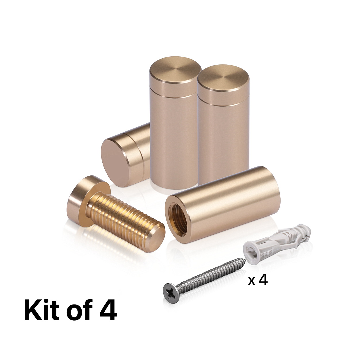 (Set of 4) 1/2'' Diameter X 1'' Barrel Length, Affordable Aluminum Standoffs, Champagne Anodized Finish Standoff and (4) 2208Z Screw and (4) LANC1 Anchor for concrete/drywall (For Inside/Outside) [Required Material Hole Size: 3/8'']