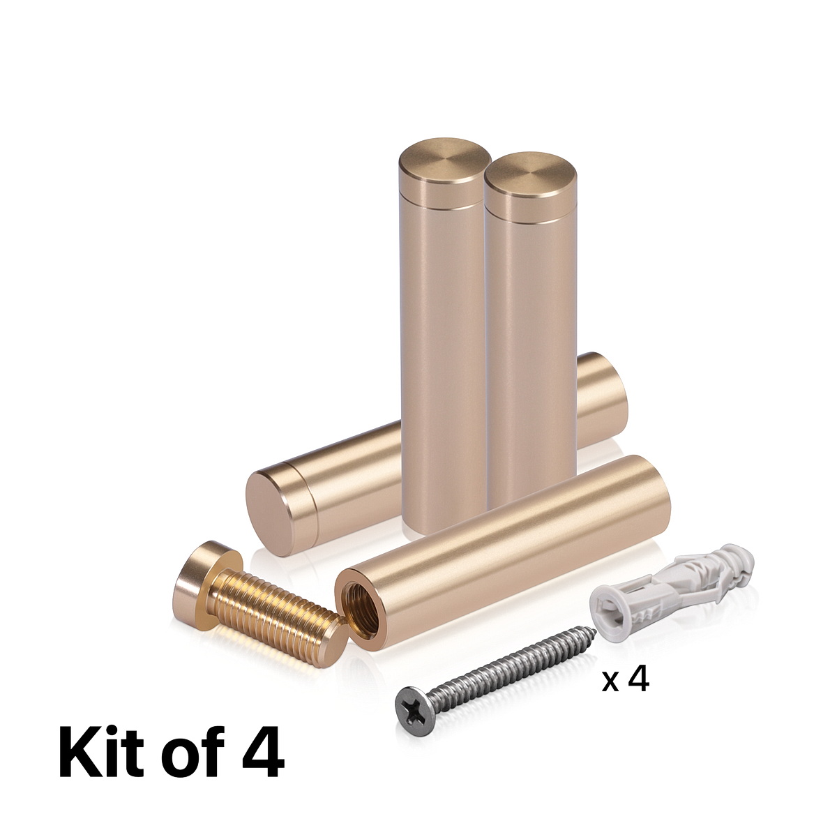 (Set of 4) 1/2'' Diameter X 2'' Barrel Length, Affordable Aluminum Standoffs, Champagne Anodized Finish Standoff and (4) 2208Z Screw and (4) LANC1 Anchor for concrete/drywall (For Inside/Outside) [Required Material Hole Size: 3/8'']