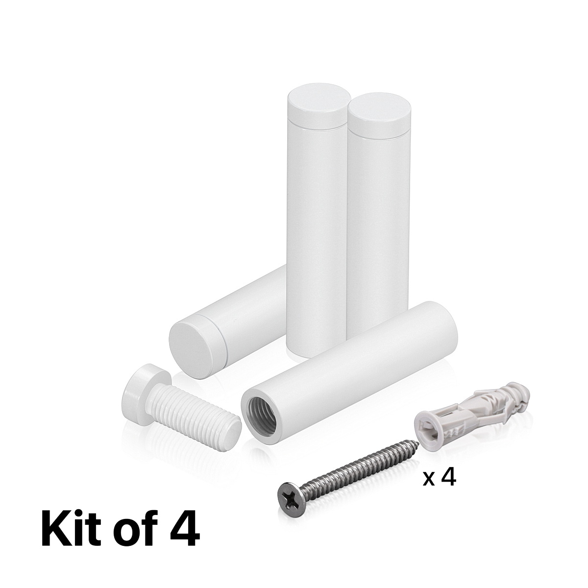 (Set of 4) 1/2'' Diameter X 2'' Barrel Length, Affordable Aluminum Standoffs, White Coated Finish Standoff and (4) 2208Z Screw and (4) LANC1 Anchor for concrete/drywall (For Inside/Outside) [Required Material Hole Size: 3/8'']