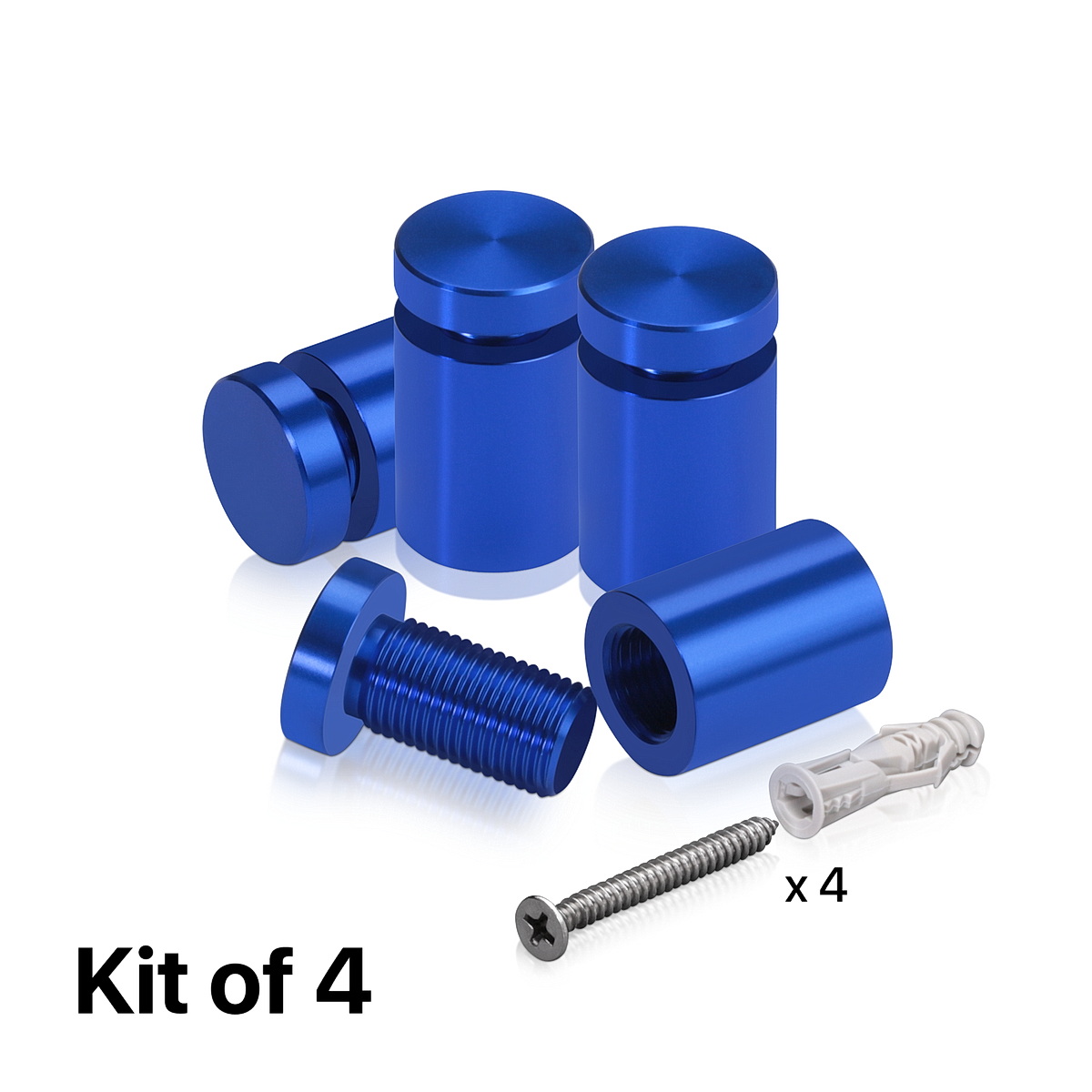 (Set of 4) 5/8'' Diameter X 3/4'' Barrel Length, Affordable Aluminum Standoffs, Blue Anodized Finish Standoff and (4) 2208Z Screw and (4) LANC1 Anchor for concrete/drywall (For Inside/Outside) [Required Material Hole Size: 7/16'']