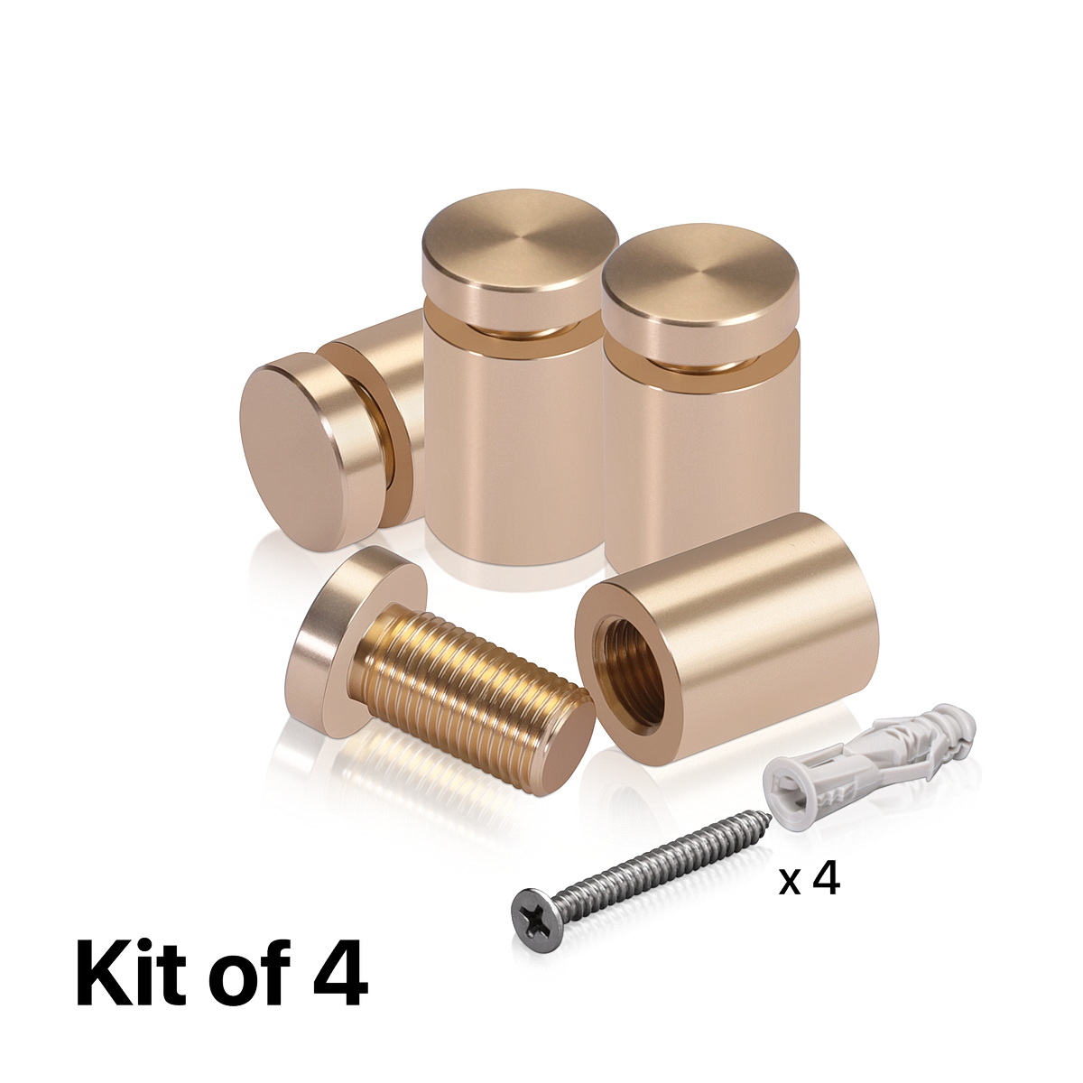 (Set of 4) 5/8'' Diameter X 3/4'' Barrel Length, Affordable Aluminum Standoffs, Champagne Anodized Finish Standoff and (4) 2208Z Screw and (4) LANC1 Anchor for concrete/drywall (For Inside/Outside) [Required Material Hole Size: 7/16'']