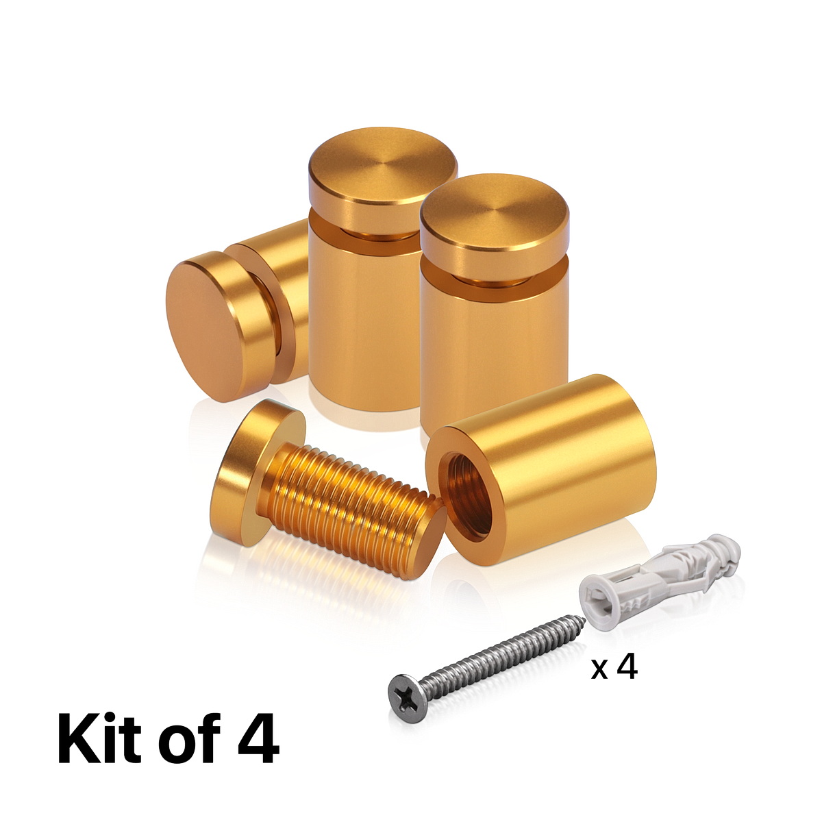 (Set of 4) 5/8'' Diameter X 3/4'' Barrel Length, Affordable Aluminum Standoffs, Gold Anodized Finish Standoff and (4) 2208Z Screw and (4) LANC1 Anchor for concrete/drywall (For Inside/Outside) [Required Material Hole Size: 7/16'']