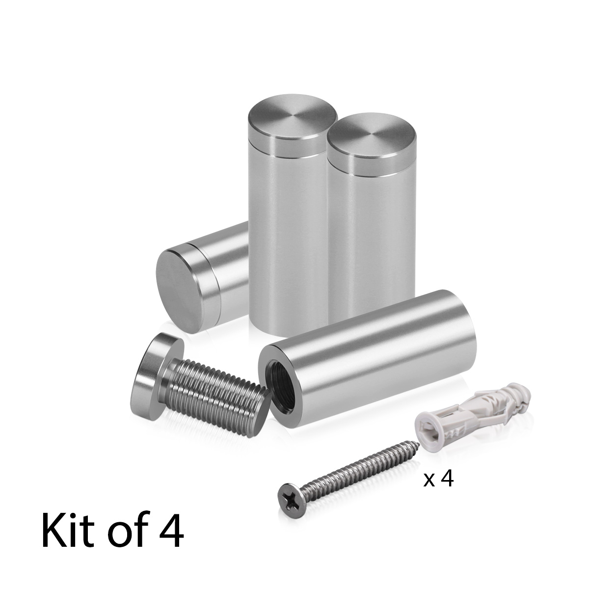 (Set of 4) 5/8'' Diameter X 1-1/2'' Barrel Length, Affordable Aluminum Standoffs, Steel Grey Anodized Finish Standoff and (4) 2208Z Screw and (4) LANC1 Anchor for concrete/drywall (For Inside/Outside) [Required Material Hole Size: 7/16'']