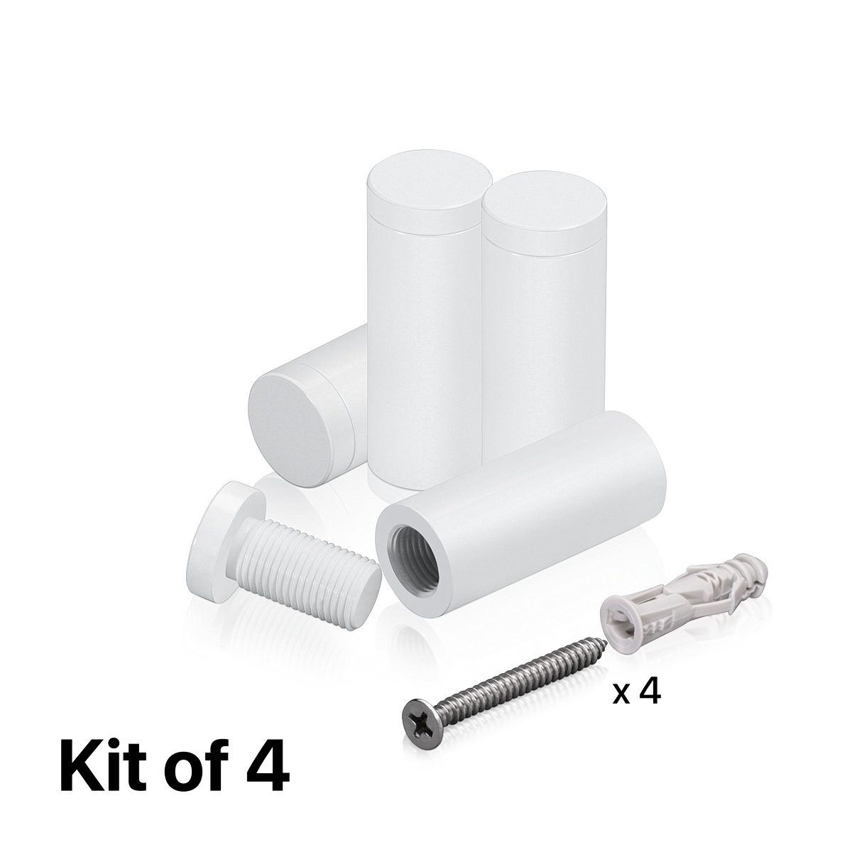 (Set of 4) 5/8'' Diameter X 1-1/2'' Barrel Length, Affordable Aluminum Standoffs, White Coated Finish Standoff and (4) 2208Z Screw and (4) LANC1 Anchor for concrete/drywall (For Inside/Outside) [Required Material Hole Size: 7/16'']