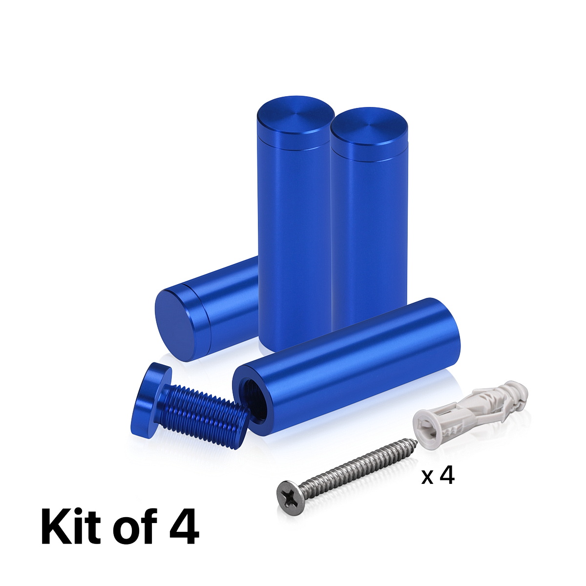 (Set of 4) 5/8'' Diameter X 2'' Barrel Length, Affordable Aluminum Standoffs, Blue Anodized Finish Standoff and (4) 2208Z Screw and (4) LANC1 Anchor for concrete/drywall (For Inside/Outside) [Required Material Hole Size: 7/16'']