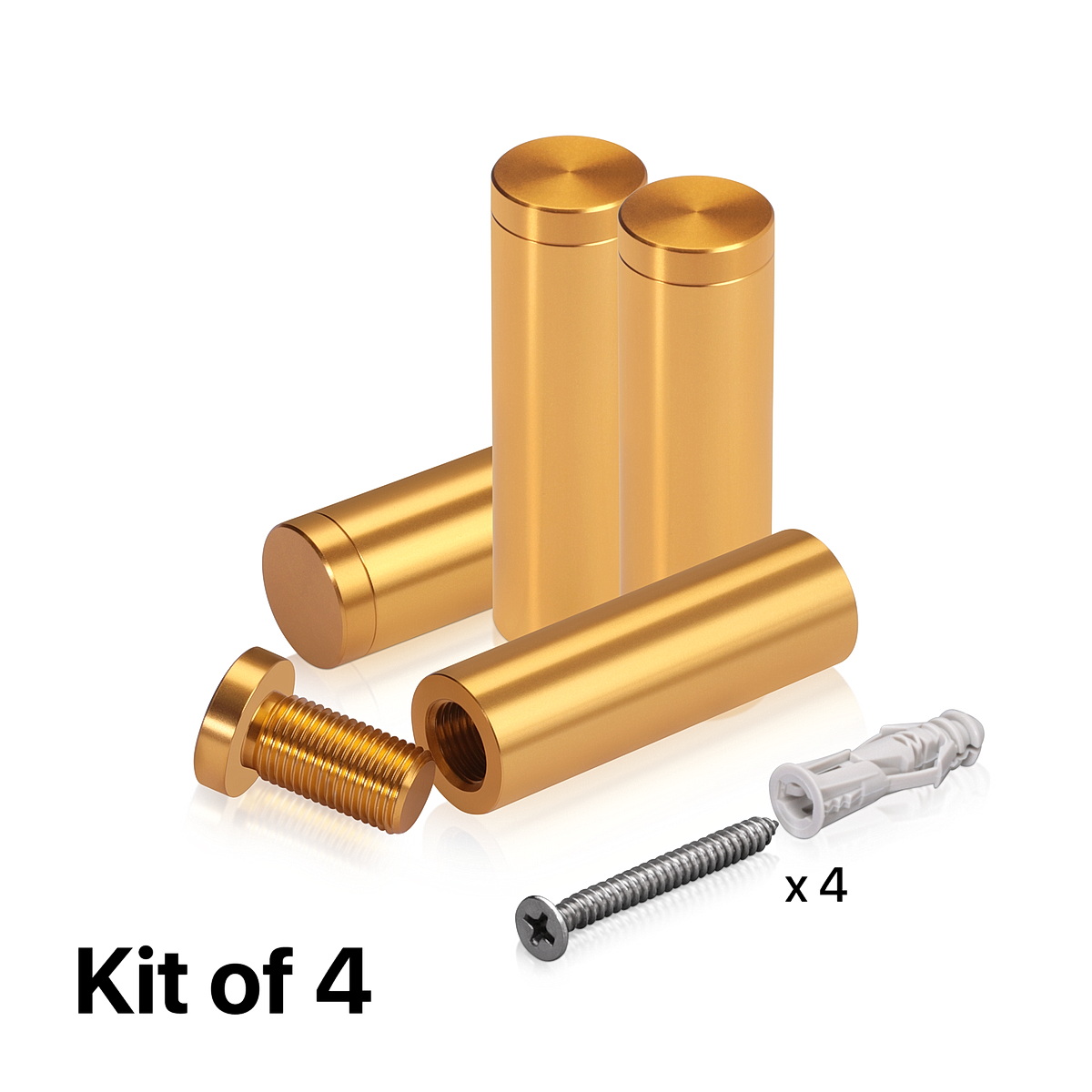 (Set of 4) 5/8'' Diameter X 2'' Barrel Length, Affordable Aluminum Standoffs, Gold Anodized Finish Standoff and (4) 2208Z Screw and (4) LANC1 Anchor for concrete/drywall (For Inside/Outside) [Required Material Hole Size: 7/16'']