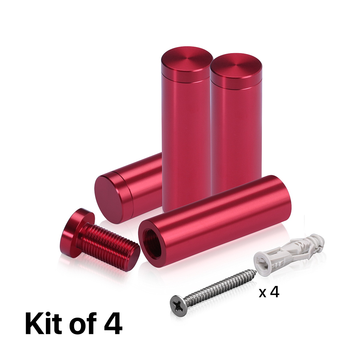 (Set of 4) 5/8'' Diameter X 2'' Barrel Length, Affordable Aluminum Standoffs, Cherry Red Anodized Finish Standoff and (4) 2208Z Screw and (4) LANC1 Anchor for concrete/drywall (For Inside/Outside) [Required Material Hole Size: 7/16'']