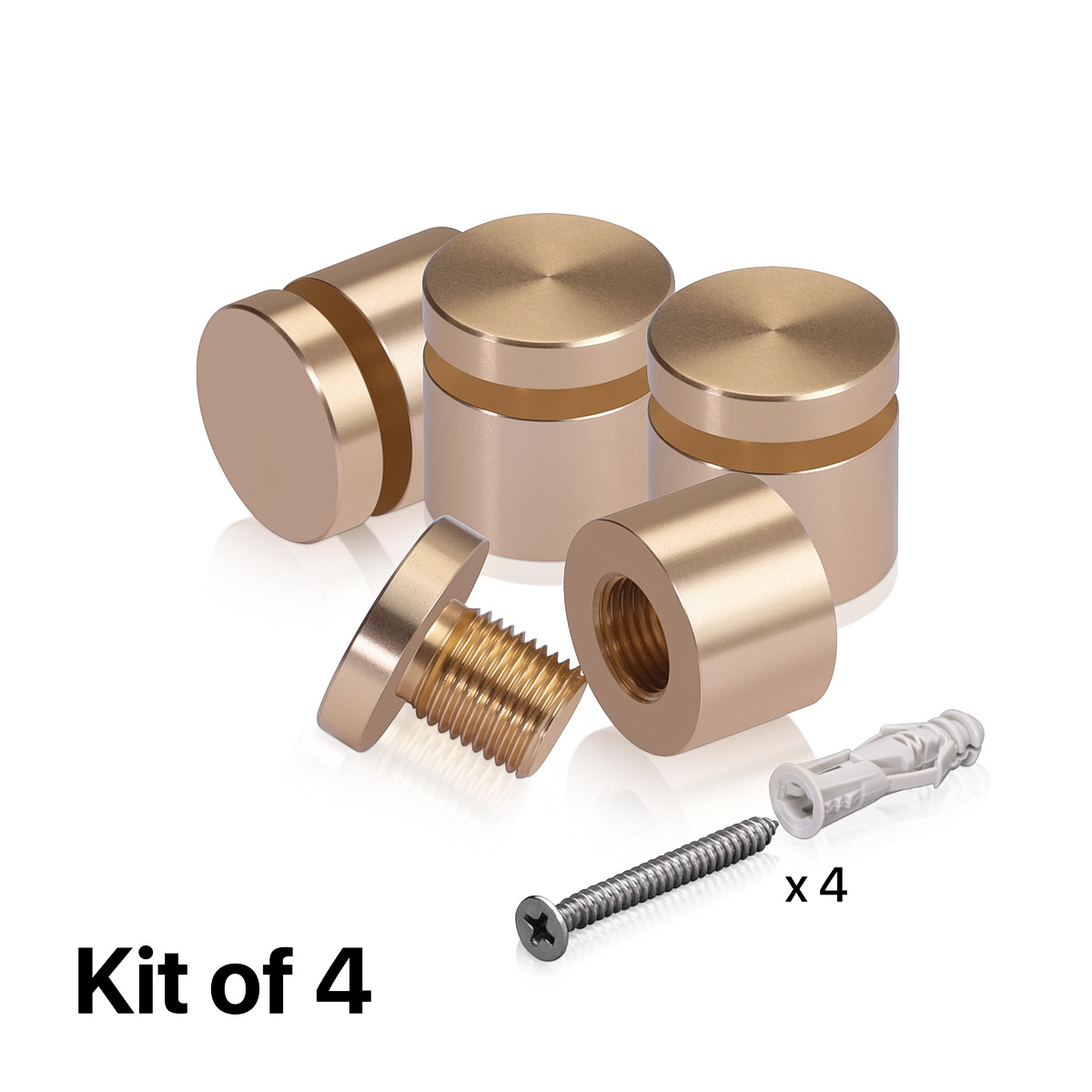 (Set of 4) 3/4'' Diameter X 1/2'' Barrel Length, Affordable Aluminum Standoffs, Champagne Anodized Finish Standoff and (4) 2216Z Screws and (4) LANC1 Anchors for concrete/drywall (For Inside/Outside) [Required Material Hole Size: 7/16'']