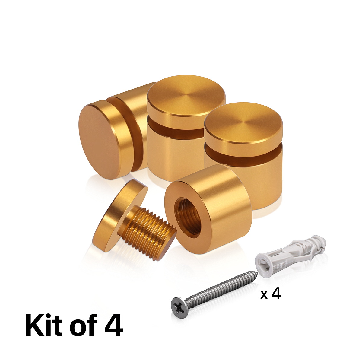 (Set of 4) 3/4'' Diameter X 1/2'' Barrel Length, Affordable Aluminum Standoffs, Gold Anodized Finish Standoff and (4) 2216Z Screws and (4) LANC1 Anchors for concrete/drywall (For Inside/Outside) [Required Material Hole Size: 7/16'']