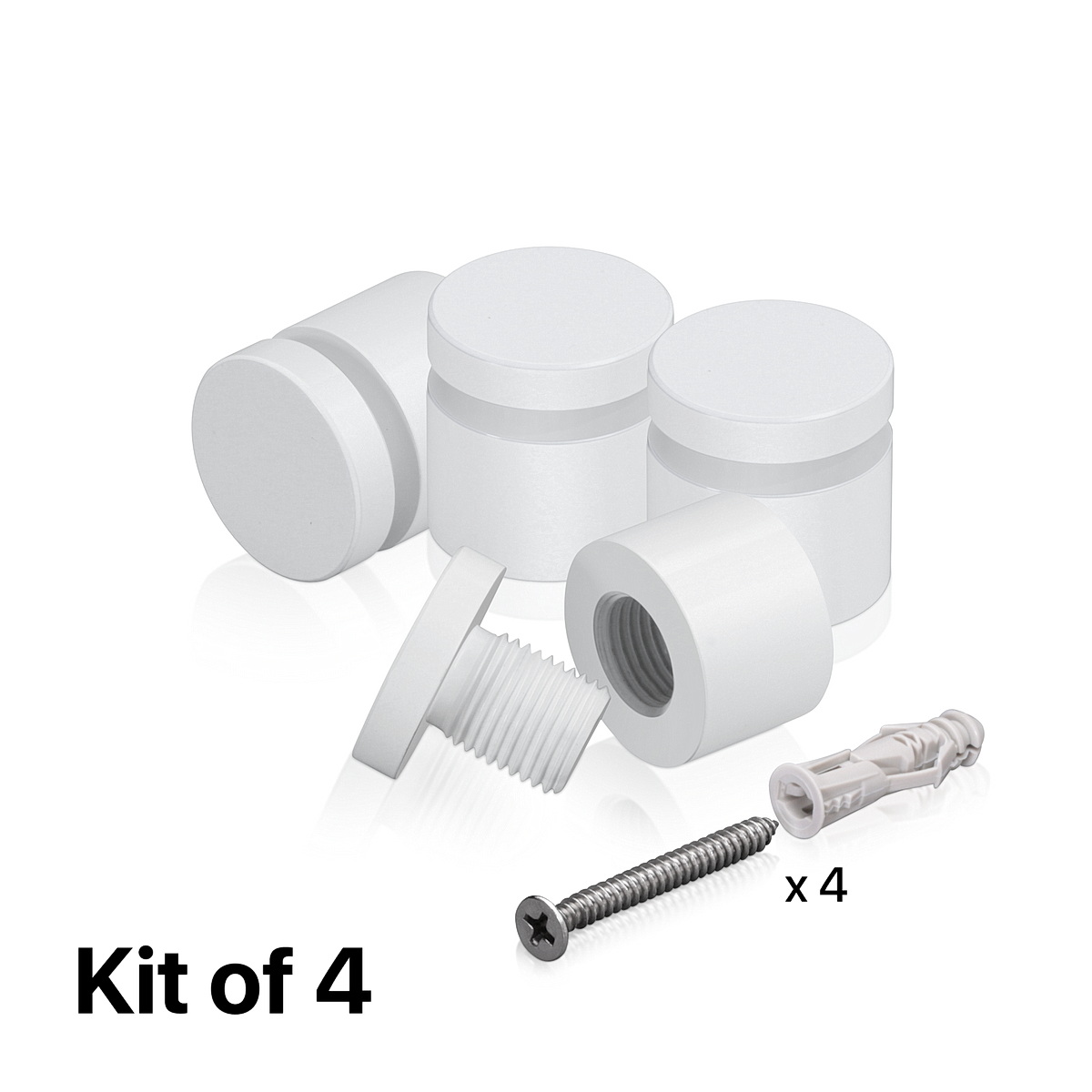 (Set of 4) 3/4'' Diameter X 1/2'' Barrel Length, Affordable Aluminum Standoffs, White Coated Finish Standoff and (4) 2216Z Screws and (4) LANC1 Anchors for concrete/drywall (For Inside/Outside) [Required Material Hole Size: 7/16'']