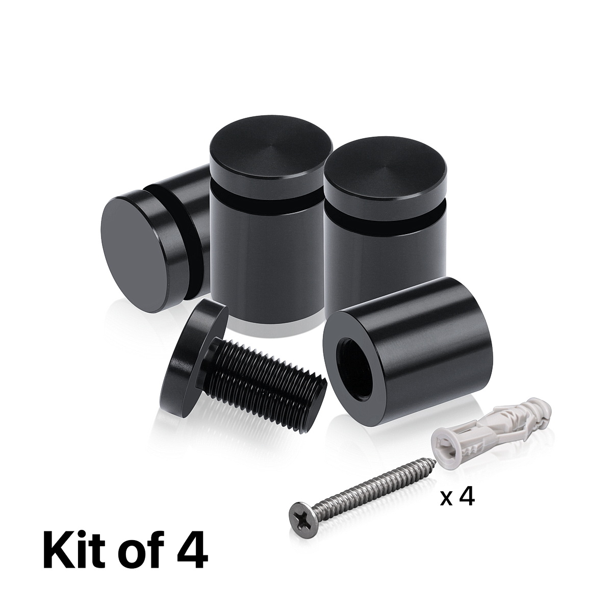 (Set of 4) 3/4'' Diameter X 3/4'' Barrel Length, Affordable Aluminum Standoffs, Black Anodized Finish Standoff and (4) 2216Z Screws and (4) LANC1 Anchors for concrete/drywall (For Inside/Outside) [Required Material Hole Size: 7/16'']