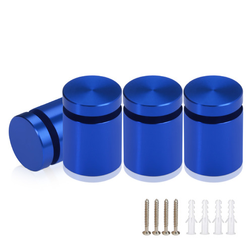 (Set of 4) 3/4'' Diameter X 3/4'' Barrel Length, Affordable Aluminum Standoffs, Blue Anodized Finish Standoff and (4) 2216Z Screws and (4) LANC1 Anchors for concrete/drywall (For Inside/Outside) [Required Material Hole Size: 7/16'']