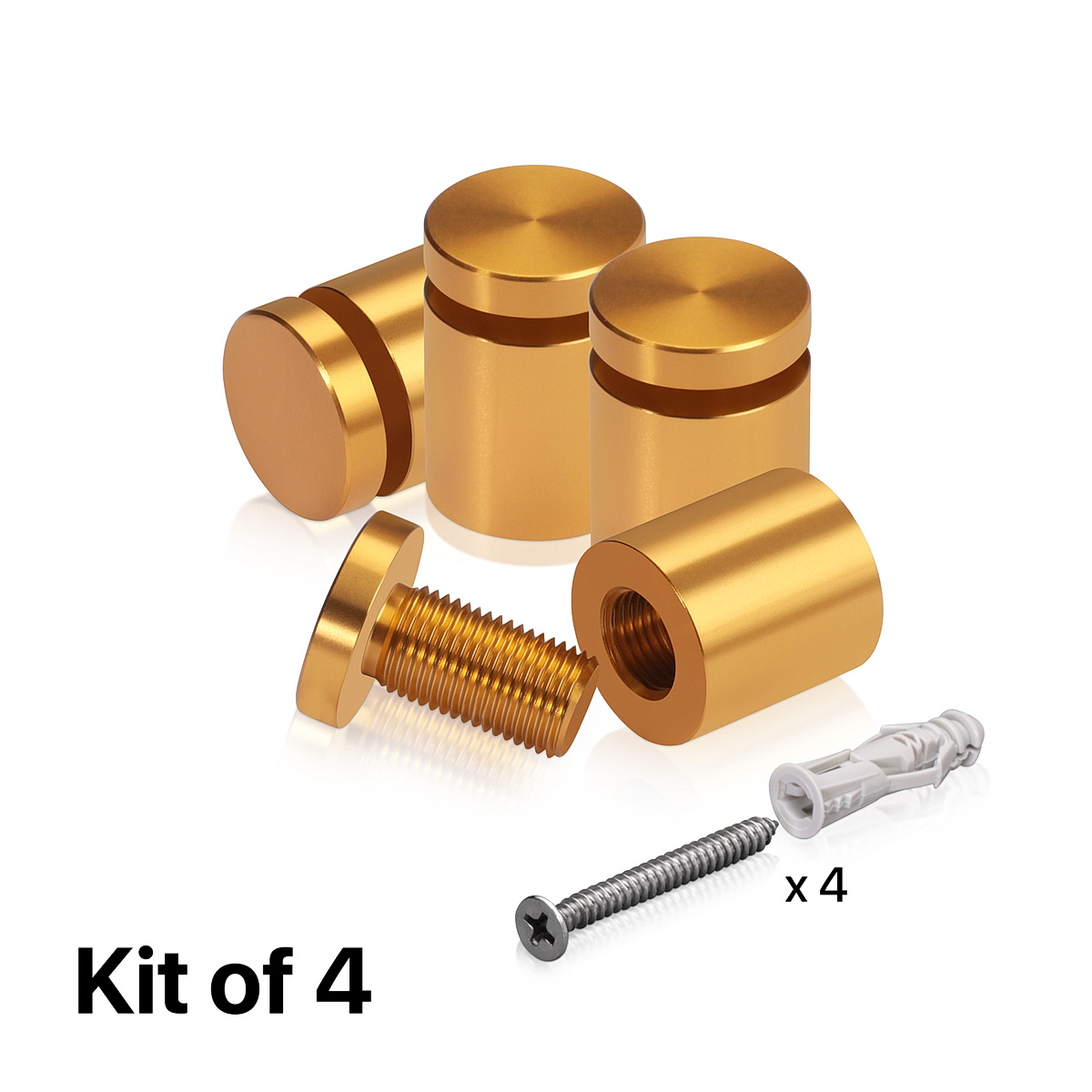 (Set of 4) 3/4'' Diameter X 3/4'' Barrel Length, Affordable Aluminum Standoffs, Gold Anodized Finish Standoff and (4) 2216Z Screws and (4) LANC1 Anchors for concrete/drywall (For Inside/Outside) [Required Material Hole Size: 7/16'']