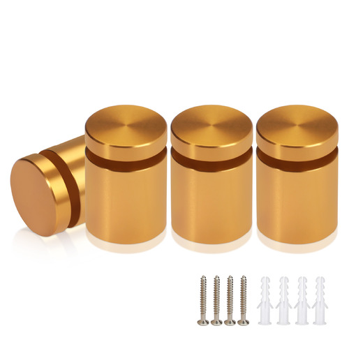 (Set of 4) 3/4'' Diameter X 3/4'' Barrel Length, Affordable Aluminum Standoffs, Gold Anodized Finish Standoff and (4) 2216Z Screws and (4) LANC1 Anchors for concrete/drywall (For Inside/Outside) [Required Material Hole Size: 7/16'']