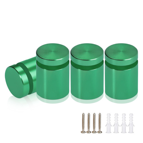 (Set of 4) 3/4'' Diameter X 3/4'' Barrel Length, Affordable Aluminum Standoffs, Green Anodized Finish Standoff and (4) 2216Z Screws and (4) LANC1 Anchors for concrete/drywall (For Inside/Outside) [Required Material Hole Size: 7/16'']