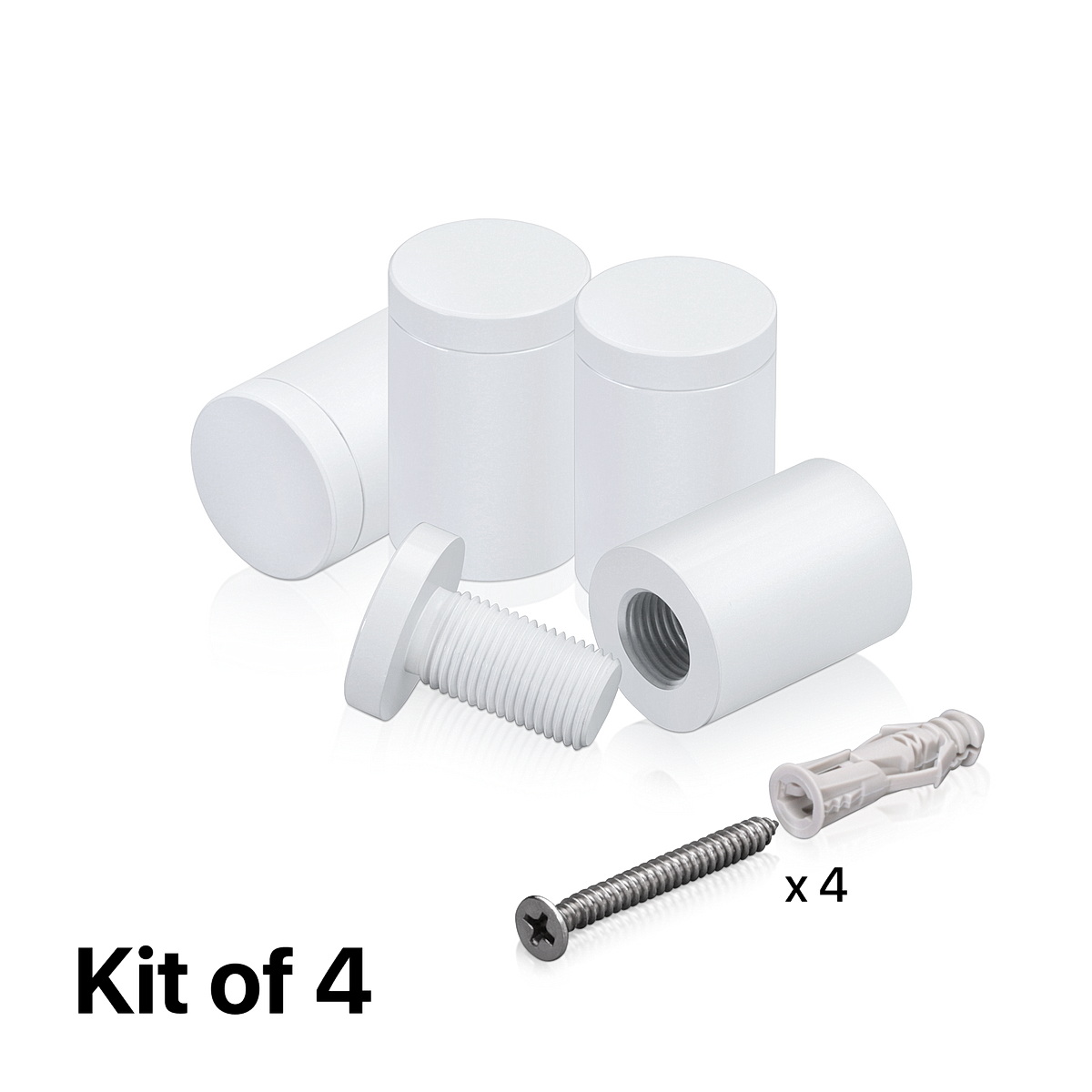 (Set of 4) 3/4'' Diameter X 1'' Barrel Length, Affordable Aluminum Standoffs, White Coated Finish Standoff and (4) 2216Z Screws and (4) LANC1 Anchors for concrete/drywall (For Inside/Outside) [Required Material Hole Size: 7/16'']