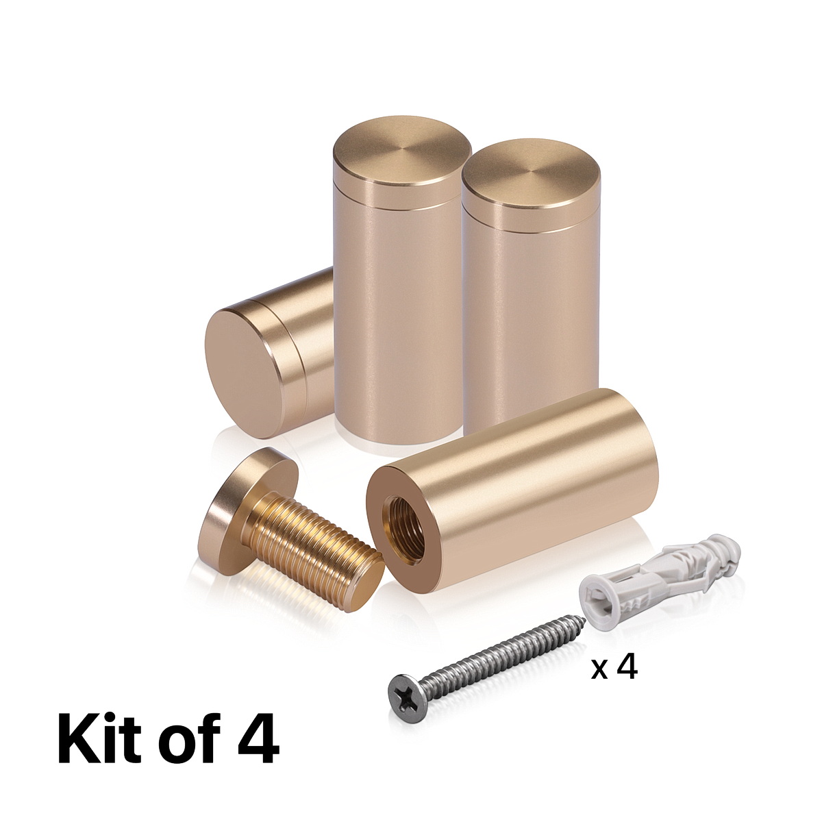 (Set of 4) 3/4'' Diameter X 1-1/2'' Barrel Length, Affordable Aluminum Standoffs, Champagne Anodized Finish Standoff and (4) 2216Z Screws and (4) LANC1 Anchors for concrete/drywall (For Inside/Outside) [Required Material Hole Size: 7/16'']
