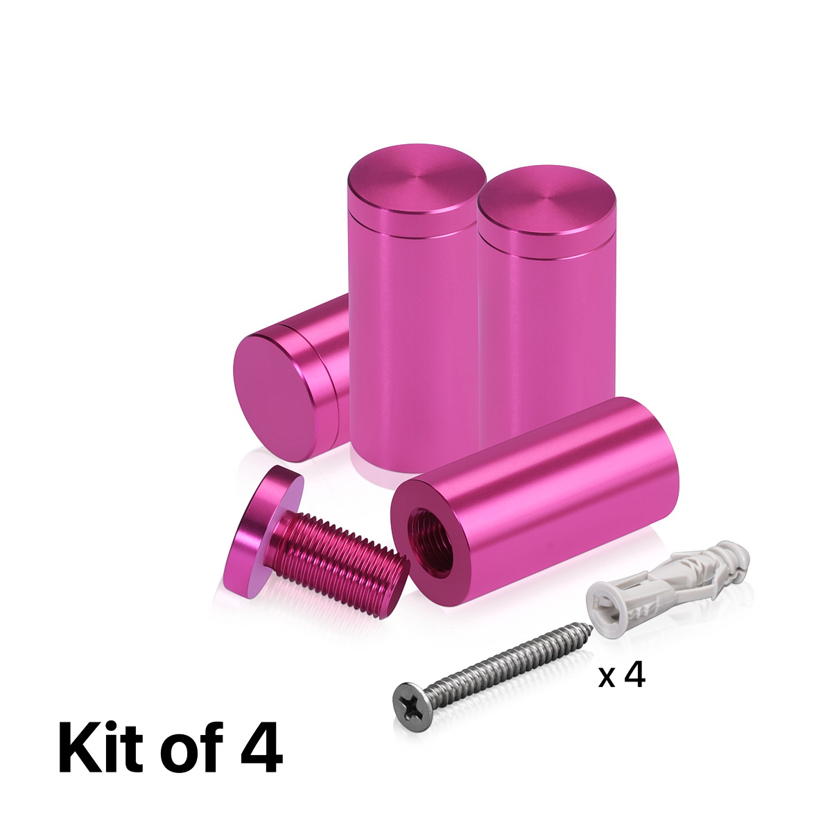 (Set of 4) 3/4'' Diameter X 1-1/2'' Barrel Length, Affordable Aluminum Standoffs, Rosy Pink Anodized Finish Standoff and (4) 2216Z Screws and (4) LANC1 Anchors for concrete/drywall (For Inside/Outside) [Required Material Hole Size: 7/16'']