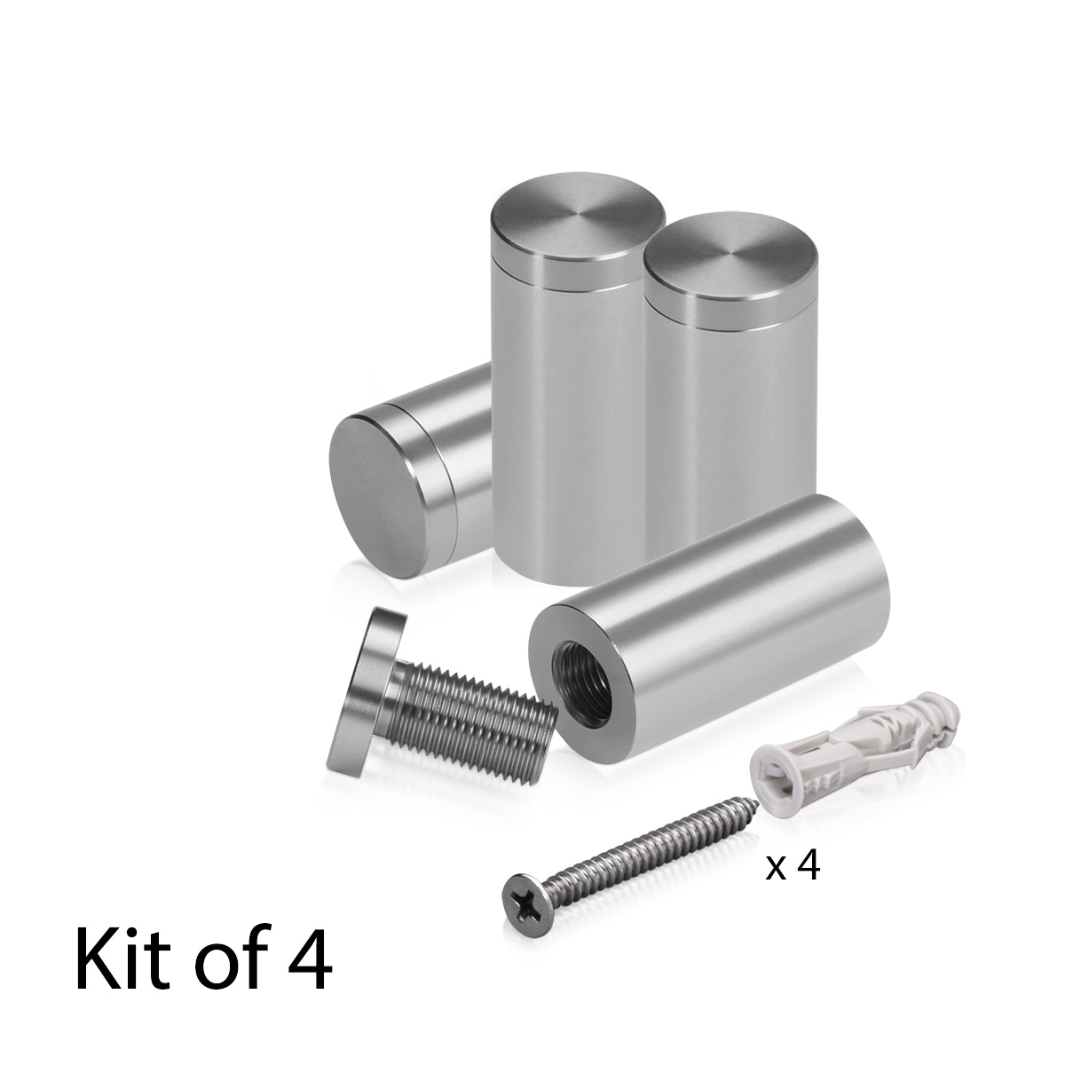 (Set of 4) 3/4'' Diameter X 1-1/2'' Barrel Length, Affordable Aluminum Standoffs, Steel Grey Anodized Finish Standoff and (4) 2216Z Screws and (4) LANC1 Anchors for concrete/drywall (For Inside/Outside) [Required Material Hole Size: 7/16'']