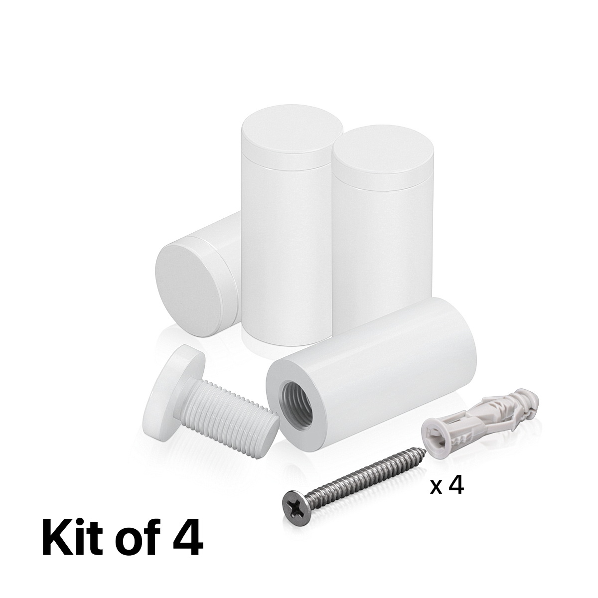 (Set of 4) 3/4'' Diameter X 1-1/2'' Barrel Length, Affordable Aluminum Standoffs, White Coated Finish Standoff and (4) 2216Z Screws and (4) LANC1 Anchors for concrete/drywall (For Inside/Outside) [Required Material Hole Size: 7/16'']