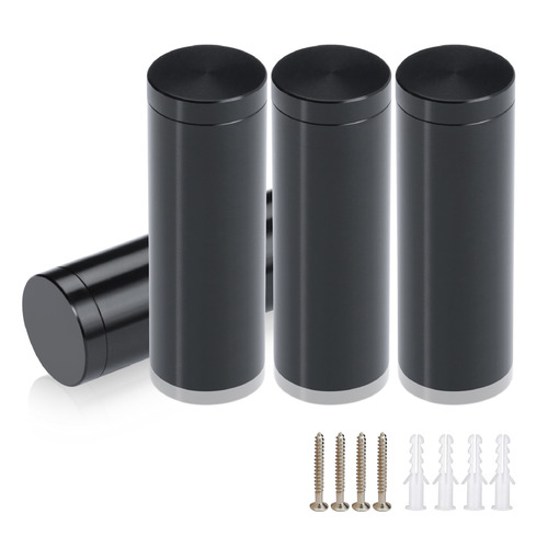 (Set of 4) 3/4'' Diameter X 2'' Barrel Length, Affordable Aluminum Standoffs, Black Anodized Finish Standoff and (4) 2216Z Screws and (4) LANC1 Anchors for concrete/drywall (For Inside/Outside) [Required Material Hole Size: 7/16'']