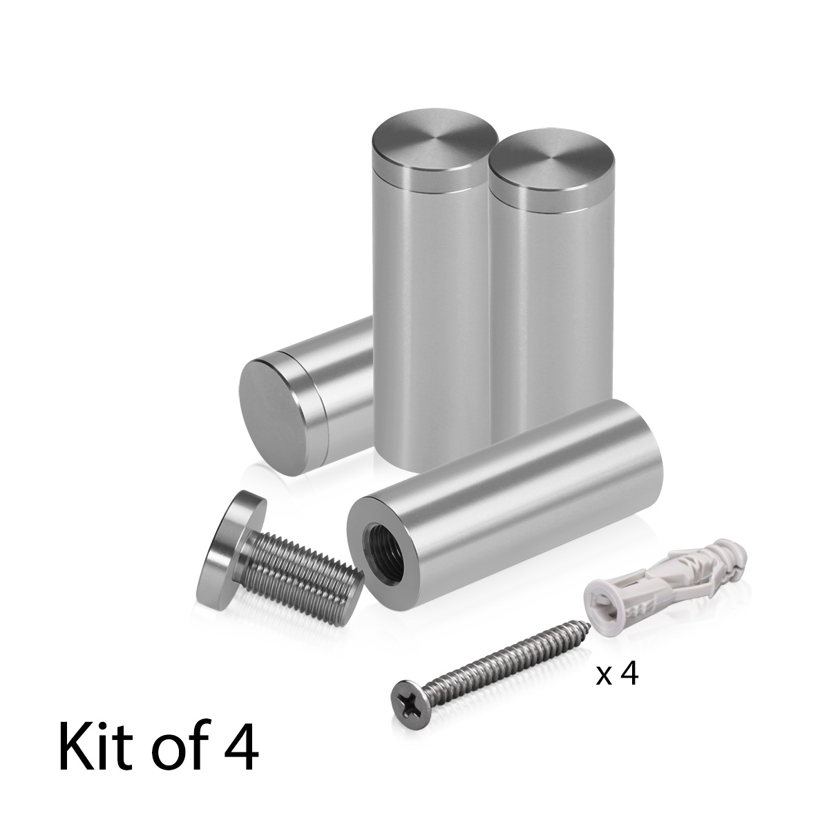(Set of 4) 3/4'' Diameter X 2'' Barrel Length, Affordable Aluminum Standoffs, Steel Grey Anodized Finish Standoff and (4) 2216Z Screws and (4) LANC1 Anchors for concrete/drywall (For Inside/Outside) [Required Material Hole Size: 7/16'']