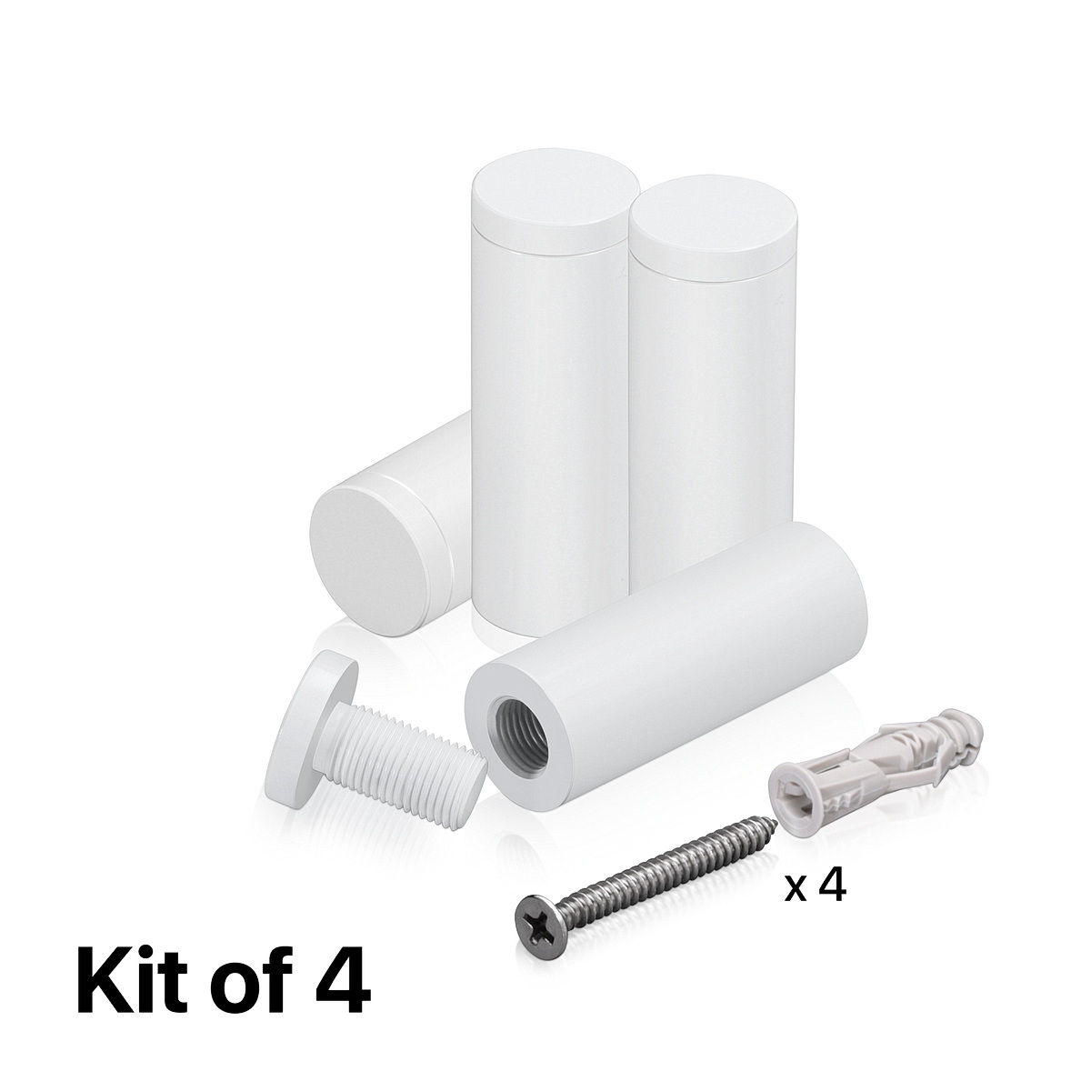 (Set of 4) 3/4'' Diameter X 2'' Barrel Length, Affordable Aluminum Standoffs, White Coated Finish Standoff and (4) 2216Z Screws and (4) LANC1 Anchors for concrete/drywall (For Inside/Outside) [Required Material Hole Size: 7/16'']