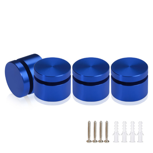 (Set of 4) 1'' Diameter X 1/2'' Barrel Length, Affordable Aluminum Standoffs, Blue Anodized Finish Standoff and (4) 2216Z Screws and (4) LANC1 Anchors for concrete/drywall (For Inside/Outside) [Required Material Hole Size: 7/16'']