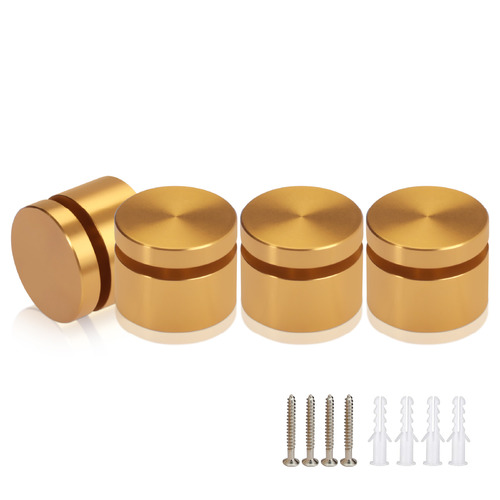 (Set of 4) 1'' Diameter X 1/2'' Barrel Length, Affordable Aluminum Standoffs, Gold Anodized Finish Standoff and (4) 2216Z Screws and (4) LANC1 Anchors for concrete/drywall (For Inside/Outside) [Required Material Hole Size: 7/16'']