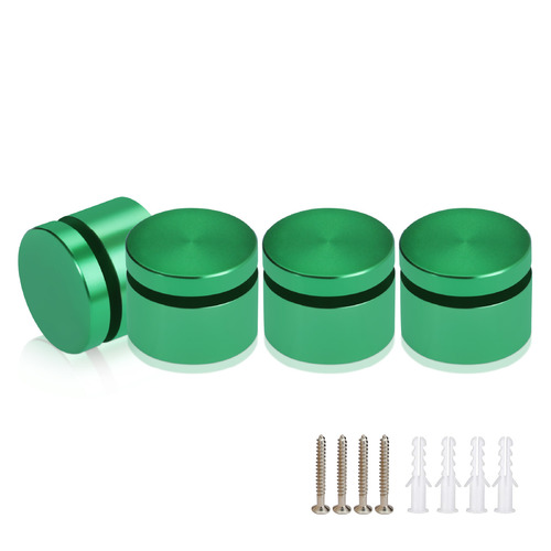 (Set of 4) 1'' Diameter X 1/2'' Barrel Length, Affordable Aluminum Standoffs, Green Anodized Finish Standoff and (4) 2216Z Screws and (4) LANC1 Anchors for concrete/drywall (For Inside/Outside) [Required Material Hole Size: 7/16'']