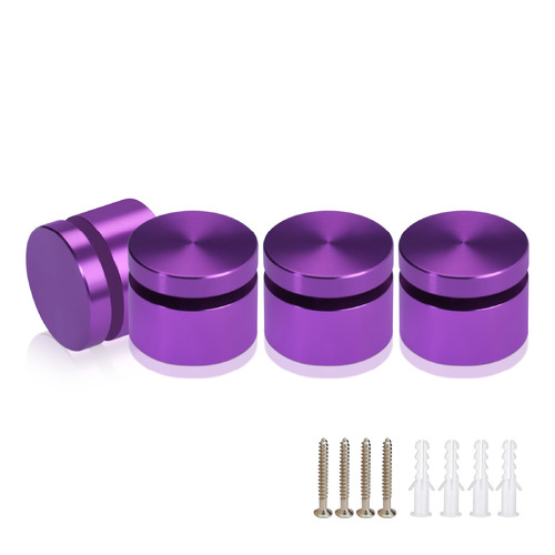 (Set of 4) 1'' Diameter X 1/2'' Barrel Length, Affordable Aluminum Standoffs, Purple Anodized Finish Standoff and (4) 2216Z Screws and (4) LANC1 Anchors for concrete/drywall (For Inside/Outside) [Required Material Hole Size: 7/16'']