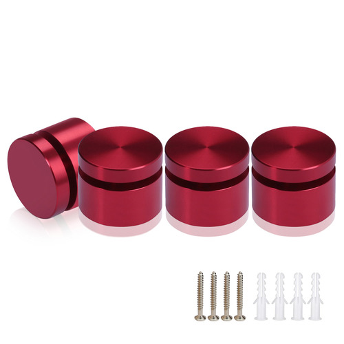 (Set of 4) 1'' Diameter X 1/2'' Barrel Length, Affordable Aluminum Standoffs, Cherry Red Anodized Finish Standoff and (4) 2216Z Screws and (4) LANC1 Anchors for concrete/drywall (For Inside/Outside) [Required Material Hole Size: 7/16'']