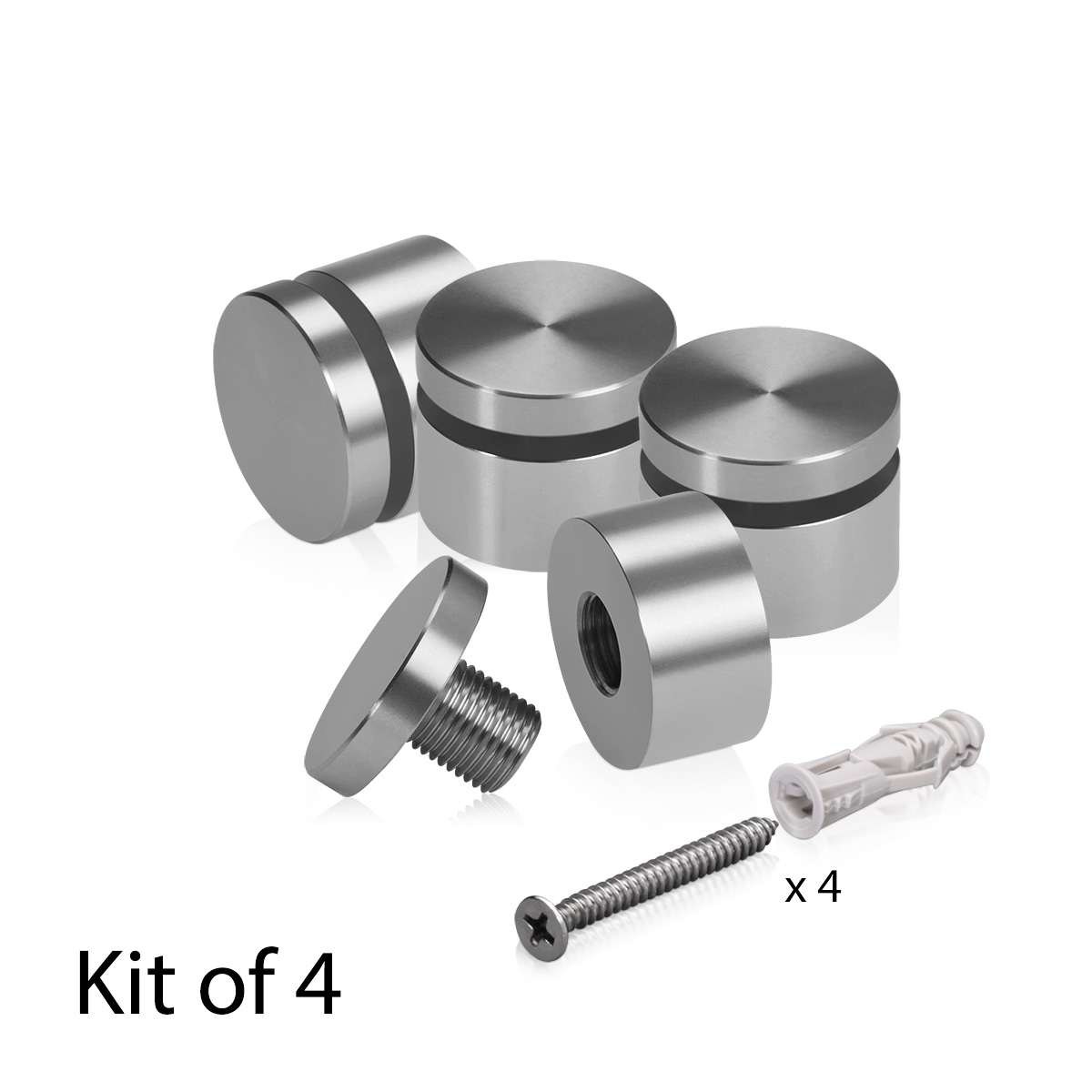 (Set of 4) 1'' Diameter X 1/2'' Barrel Length, Affordable Aluminum Standoffs, Steel Grey Anodized Finish Standoff and (4) 2216Z Screws and (4) LANC1 Anchors for concrete/drywall (For Inside/Outside) [Required Material Hole Size: 7/16'']